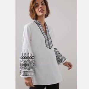 Chico’s White Embroidered Tunic Top Beaded Sequin Boho Peasant Size 12/2